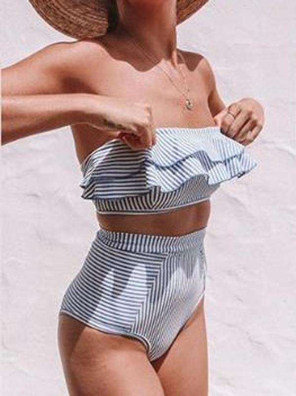 Falbala Tiered  Striped Bandeau Split Bikini Swimsuit
