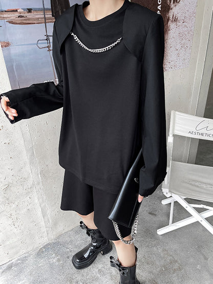 Cool Solid Color Split-Joint With Chain Round-Neck Long Sleeves T-Shirt