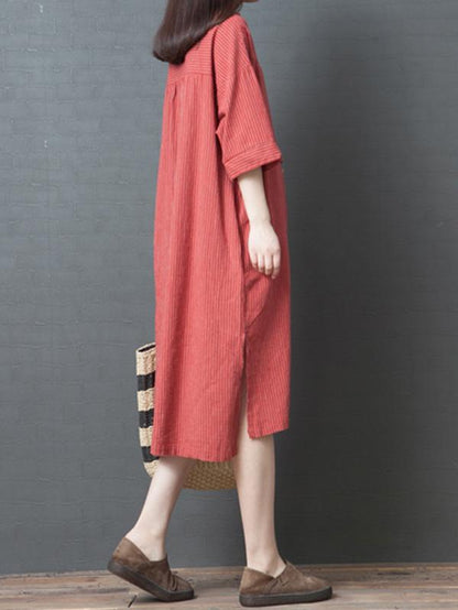 Casual Striped Cotton Long Shirt Dress