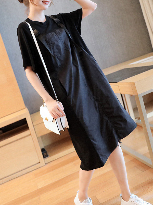 Original Casual Loose Solid Color Split-Joint Round-Neck Half Sleeves False Two Midi Dress