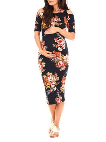 Maternity Printed Cold Shoulder Round-neck Midi Dress