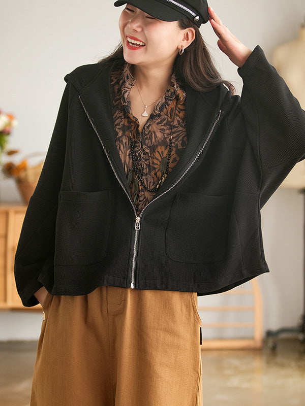 Casual Loose Solid Color Hooded Split-Joint Zipper Outerwear