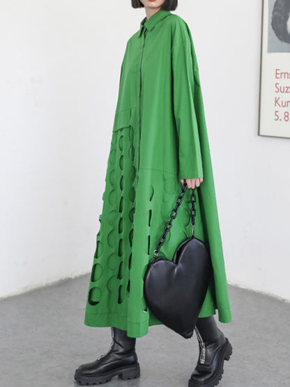 Stylish Solid Color Asymmetric Lapel Long Sleeves Midi Dress