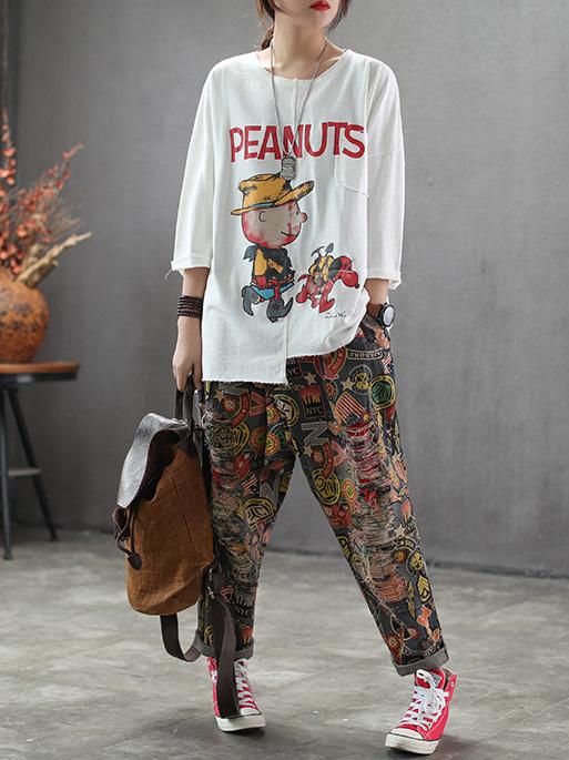 Printed Mess Style Hole-with Loose Pants