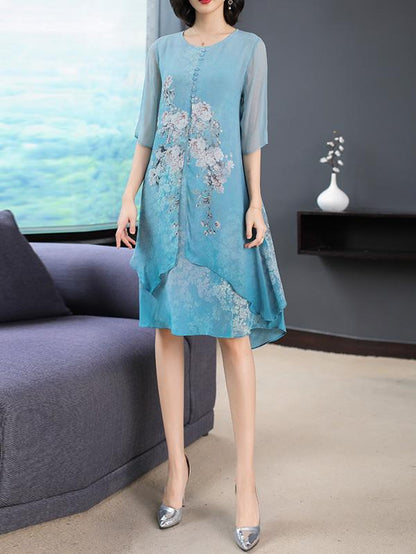 Silk Printed Round-neck Short Dress