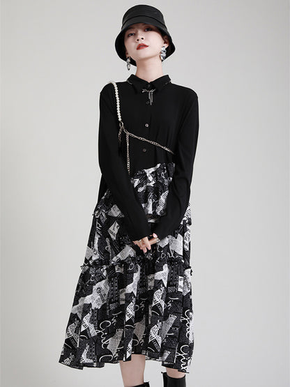 Original Falbala Letter Printed Split-Joint Buttoned Lapel Collar Long Sleeves Midi Dress