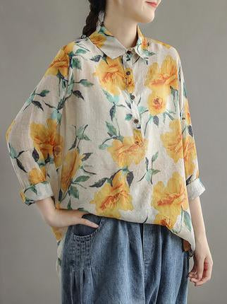 Artistic Retro Floral Lapel Shirt Blouse Tops
