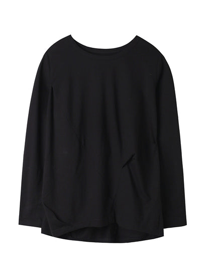 Casual Solid Color Pleated Long Sleeves Round-Neck T-Shirt Tops