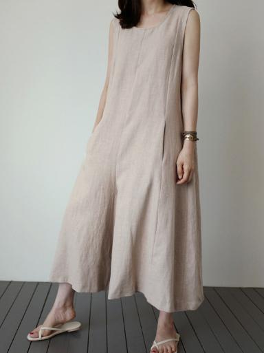 Light Khaki Loose Sleeveless Round-neck Wide Leg Jumpsuits