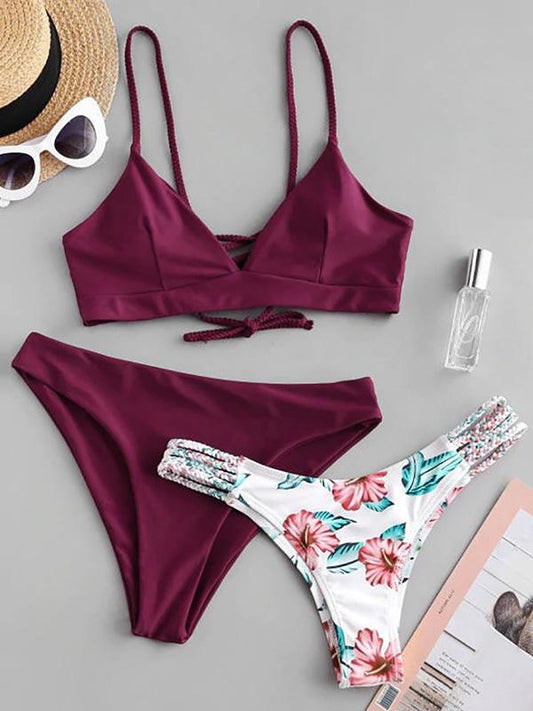 Solid Color & Floral-Print Three-Piece Split Bikini Swimsuit