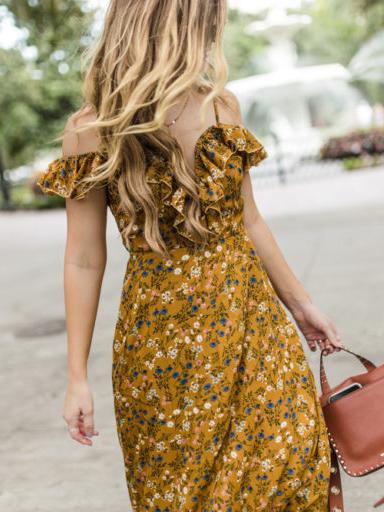 Spaghetti-neck Falbala Floral Maxi Dress