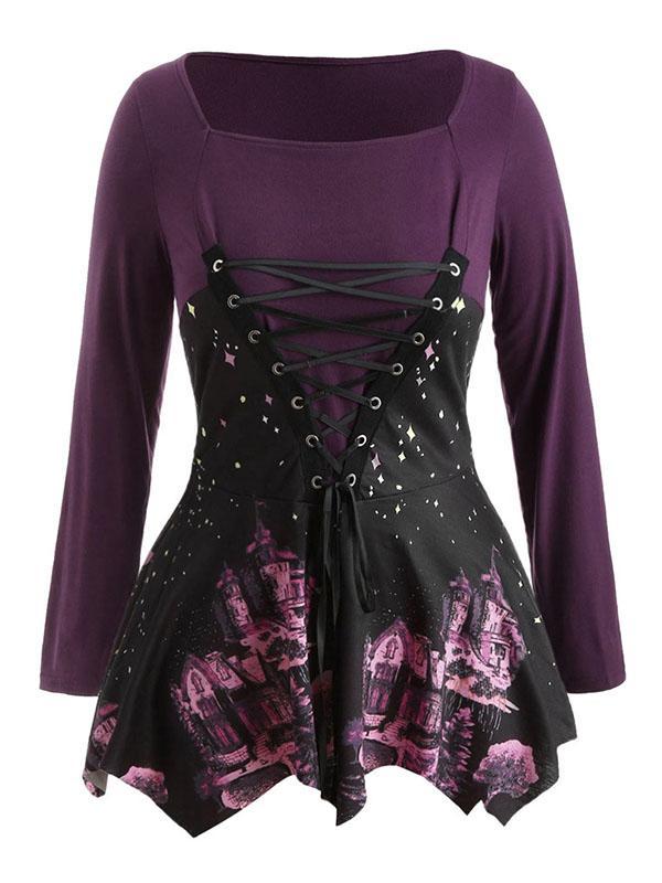 Printed Bandage Split-Joint Blouse