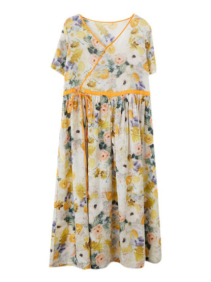 Original Artistic Retro Loose Tied Floral Printed Pleated V-Neck Short Sleeves Midi Dress
