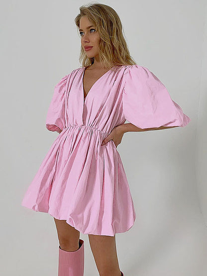 Simple Solid Color Pleated V-Neck Bishop Sleeves  Mini Dress