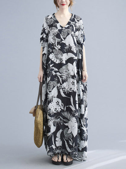 Loose Floral Printed V-Neck Half Sleeves Maxi Dress