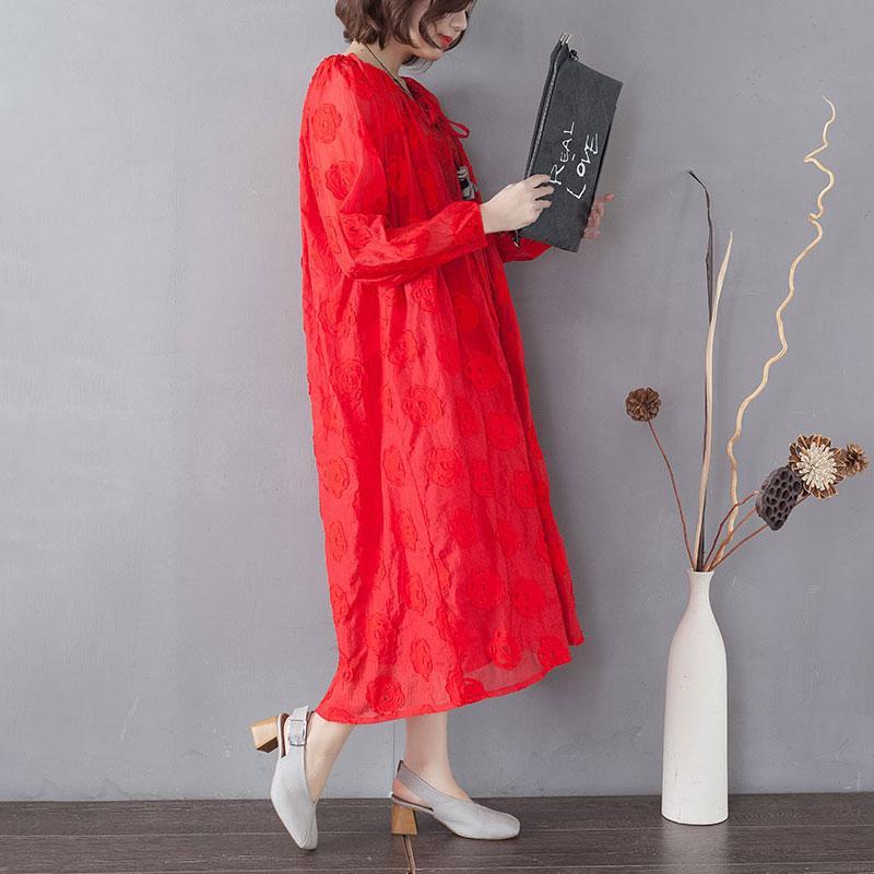 Embroidery Long Sleeve Lacing Single Breasted Red Dress