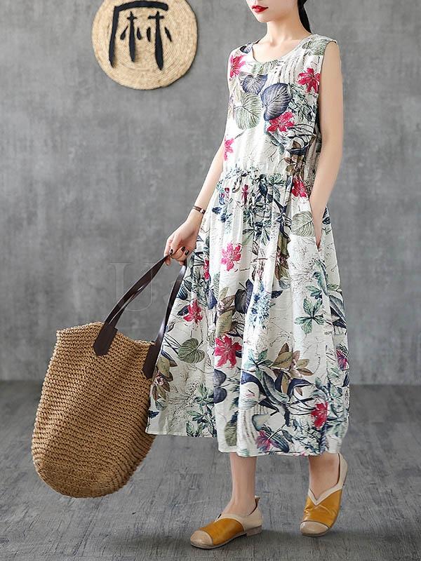 National Flower Printed Sleeveless Long Dress