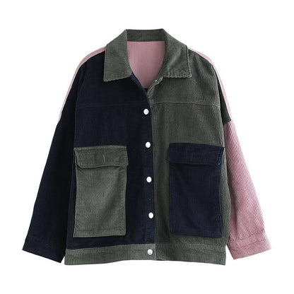 Buykud Turn-down Collar Contrast Color Retro Corduroy Coat