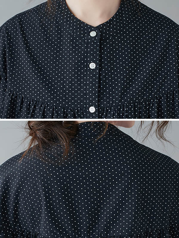 Casual Polka-Dot Buttoned Pleated Lapel Collar Long Sleeves Blouse