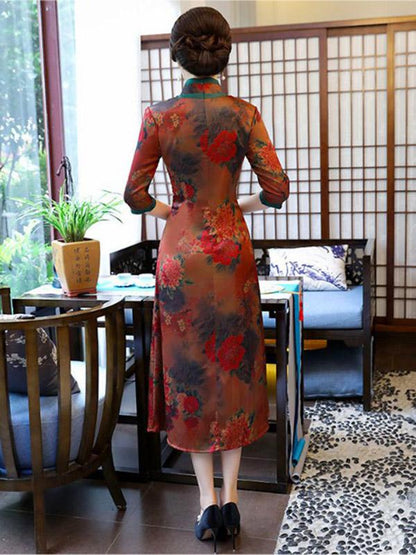 Autumn Flower Print Split-front Stand-collar Long Cheongsam