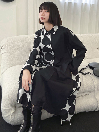 Stylish Irregular Polka-Dot Spit-Joint Buttoned Lapel Collar Long Sleeves Midi Shirt Dress