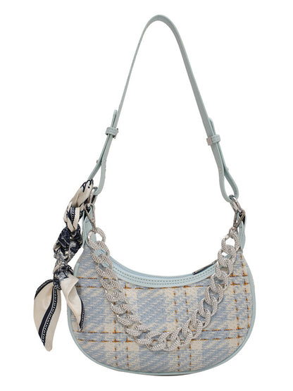 Original Chic Plaid With Chain&Scarf Zipper Canvas Shoulder Bag