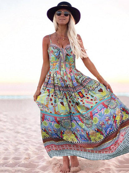 Printed Spaghetti-neck Bow-embellished Maxi Dress