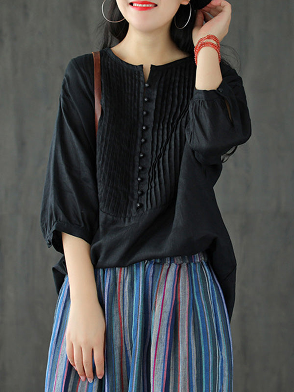Original Linen Solid Color Pleats T-Shirts Tops