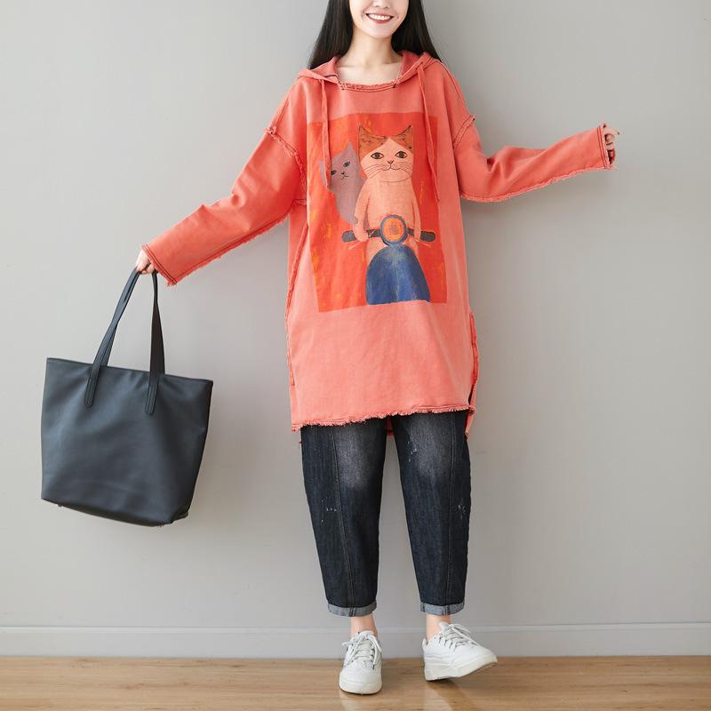 Buykud Cartoon Cats Fringed Hem Loose Hoodie