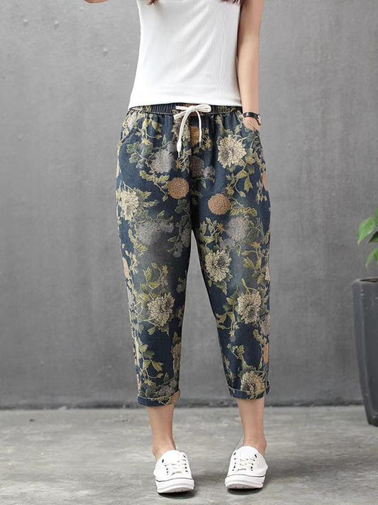Vintage Summer Loose Printed Jean Pants Shorts