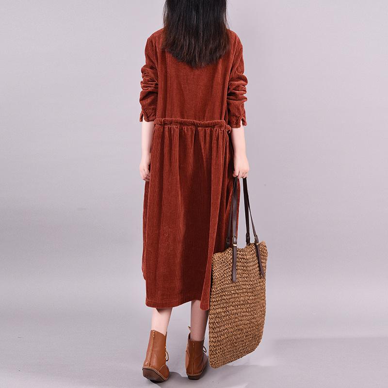 Buykud Long Sleeve Round Neck Corduroy Casual Midi Dress