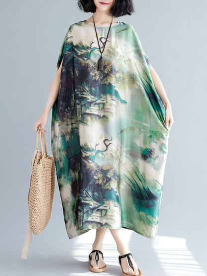 Vintage Loose Printed Batwing Sleeves Round-Neck Midi Dress