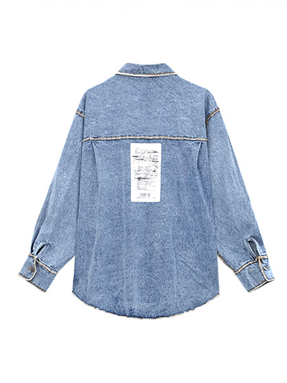 Original Stylish Loose Split-Joint With Pocket Buttoned Applique Lapel Collar Long Sleeves Denim Outwear