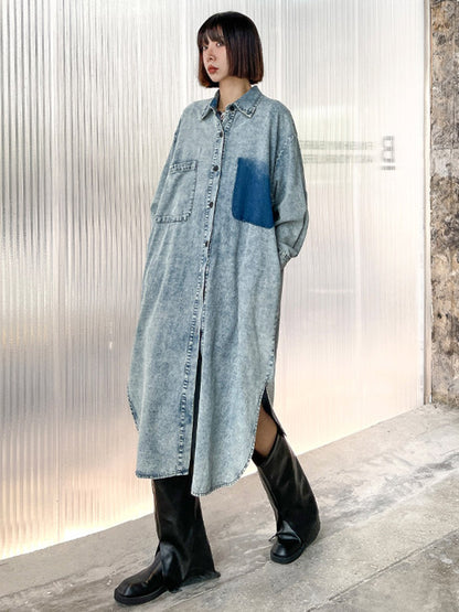 Simple Cool Raw Denim Split-Side Split-Joint With Pocket Buttoned Lapel Collar Long Sleeves Midi Shirt Dress