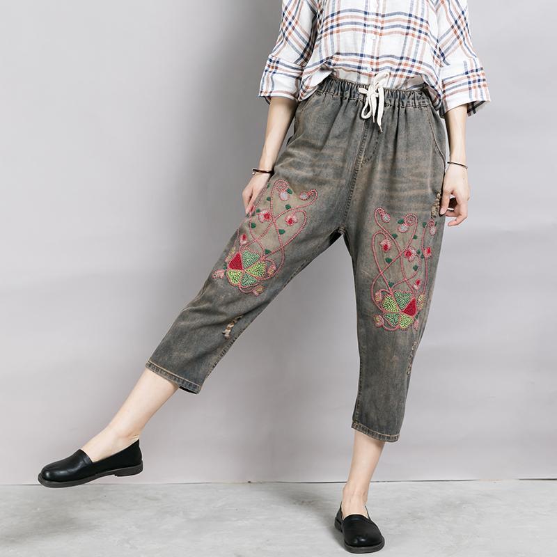 Embroidered Plant Worn Drawstring Nostalgic Jeans