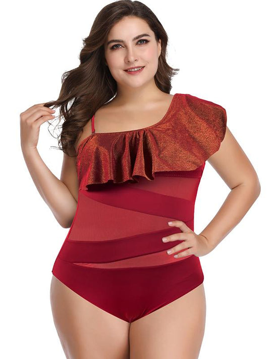 Tulle Hollow Plain Falbala Plus Size Swimwear