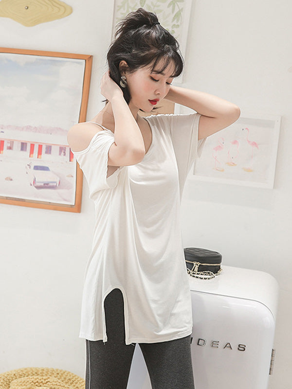 Casual Solid Color Asymmetric Cold Shoulder Spaghetti-Neck T-Shirt