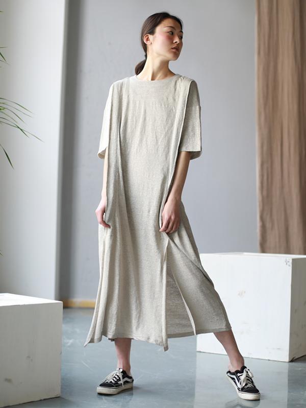 Simple Beige Split-joint Split-side Long Dress