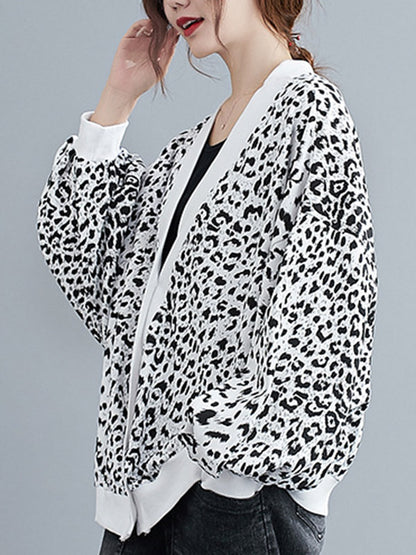 Original Leopard Buttoned V-Neck Long Sleeves Outwear