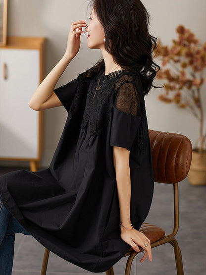 Simple Loose Solid Color Split-Joint Embroidered Hollow Lace Pleated Round-Neck Short Sleeves T-Shirt