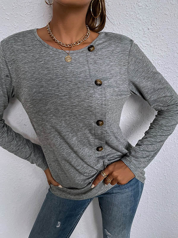 Casual Round-Neck Buttoned Asymmetric T-Shirt