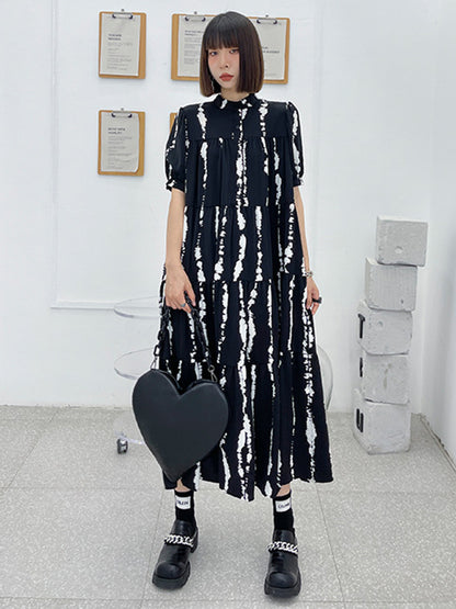 Vintage A-Line Printed Black Midi Dress