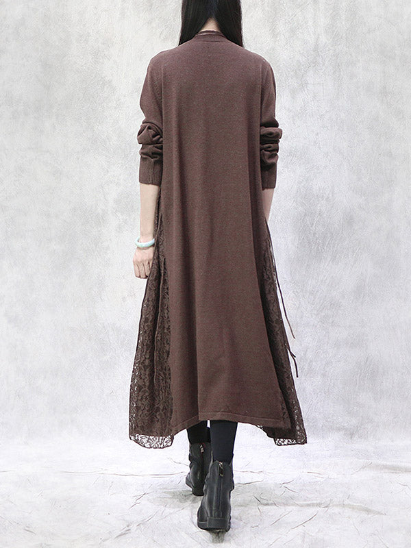Artistic Retro Solid Color Split-Joint Embroidered Falbala Hollow Lace Tied Stand Collar Long Sleeves Knitted Sweater Dress