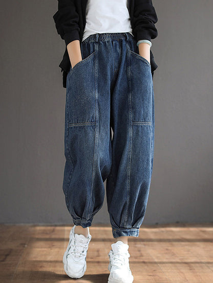Casual Elastic Waist Wide Leg With Large Pocket Jean Pants