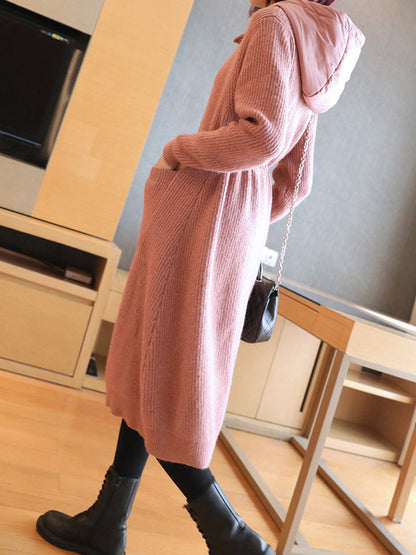 Casual Loose Solid Color Split-Joint With Pocket Buttoned Drawstring Hooded Long Sleeves Knitted Cardigan Outwear