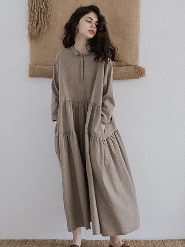 Vintage Split-joint Ruffled Lapel Long Linen Dress