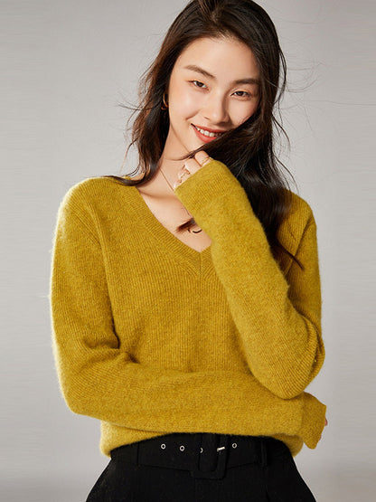 Simple 6 Colors V-Neck Long Sleeves Wool Knitting Sweater