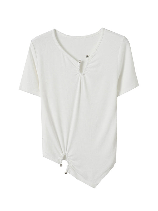 Original Casual Solid Color Pleated Skinny T-Shirt Top