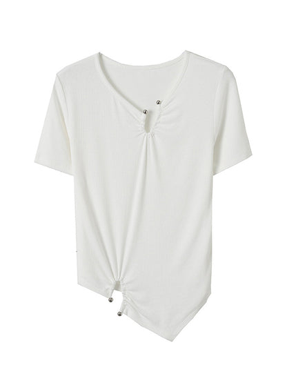 Original Casual Solid Color Pleated Skinny T-Shirt Top