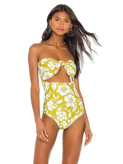 Strapless Bowknot Floral Printed One-Piece Swimwear